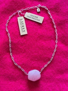 Ralph Lauren Silver Chain Necklace with Pink Semi-Precious Stone